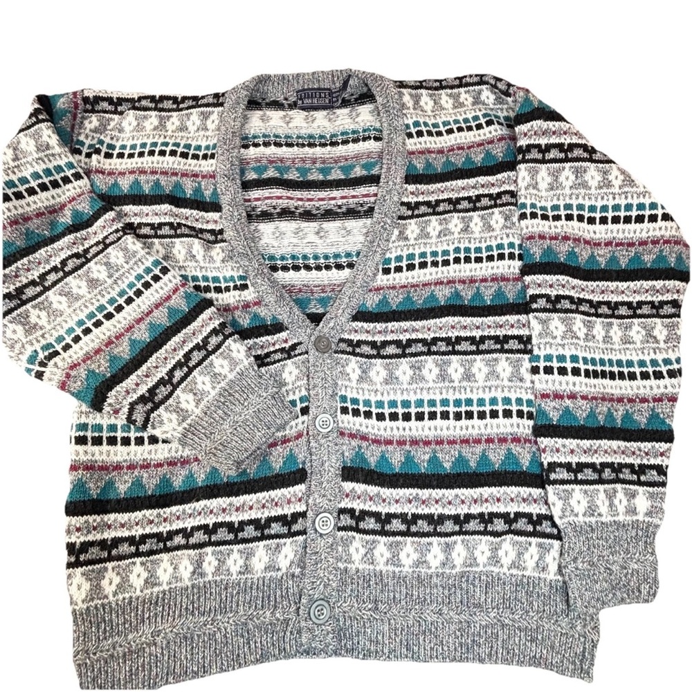 Vintage‎ Editions By Van Heusen Fair Isle Cardigan Sweater Men’s Large Gray